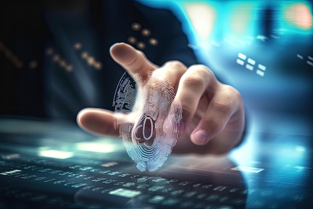 Businessman touching fingerprint on a touch screen with his finger 3d rendering A blurred man holding his thumb on the screen and hologram AI Generated