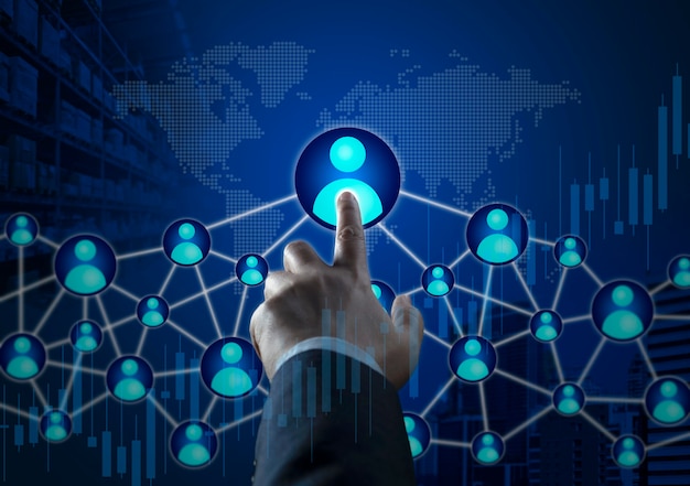 Businessman touching HR, Human resources, big data with chart and graph icons on global world map. Hand pointing to find Business people, team success, Business success, teamwork, Leader concept.