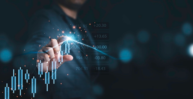 Businessman touching to stock market chart and graph for analysis investment, trader and value investor concept.