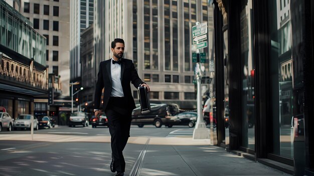 Businessman in tuxedo walking on a sunny city street with briefcase surrounded by tall buildings