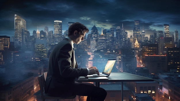 businessman typing on laptop in illuminated cityscape