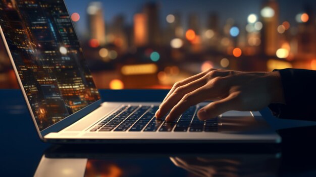 A businessman typing on a sleek laptop with a blurred cityscape in the background Generative AI