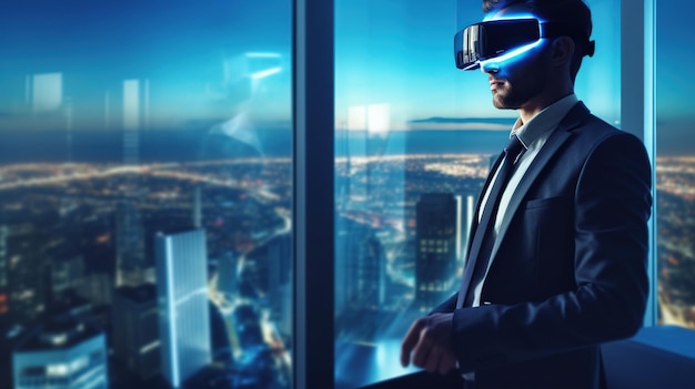 Businessman use VR virtual reality goggle and metaverse technology