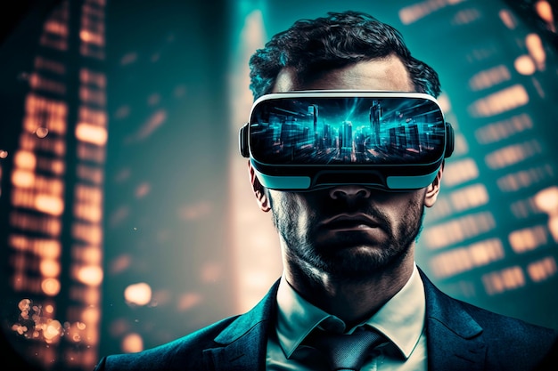 Businessman use VR virtual reality Metaverse Technology concept Generative AI