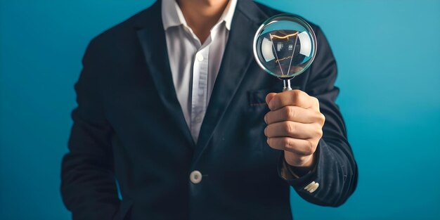 A businessman uses a magnifier to analyze the feasibility of a lightbulb idea through market research Concept Market Research Feasibility Analysis Businessman Magnifier Lightbulb Idea