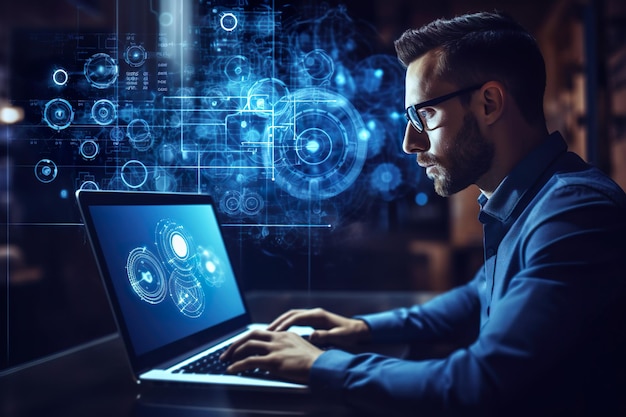 Businessman using a computer to document management