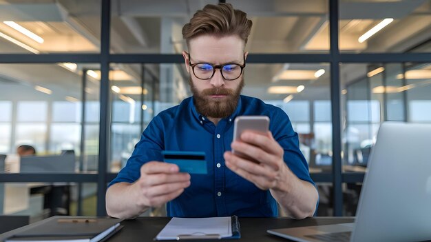 Photo businessman using credit card and smartphone in modern office