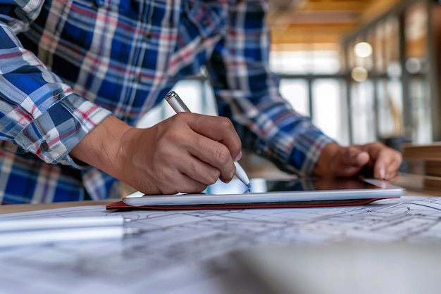 Businessman using a digital pen to annotate construction plans on a tablet representing innovation