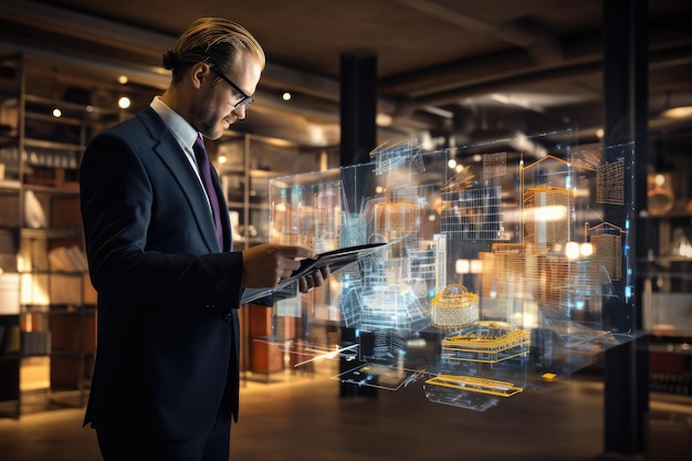 Businessman using digital tablet with cityscape on background Mixed media Businessman analyzes profitability of working companies with digital augmented reality graphics AI Generated