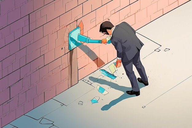 Businessman Using Hammer to Break the Wall Overcoming Barriers Concept