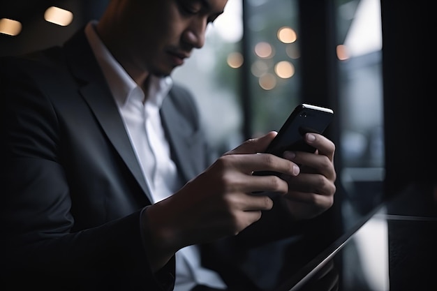 Businessman using his phone and standing on the office Business concept Online shopping concept Generative AI