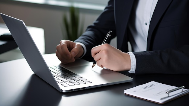 Businessman using a laptop analyses the business