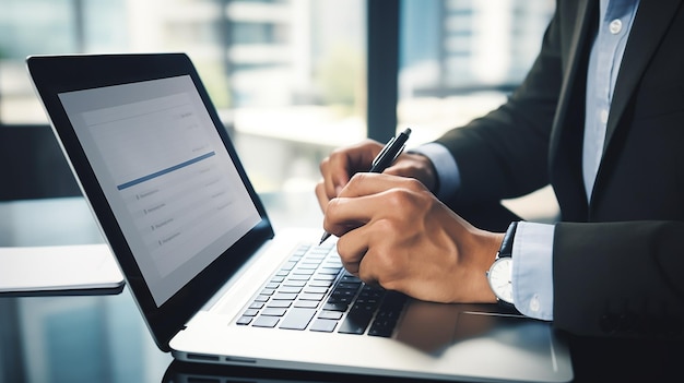 Businessman using a laptop analyses the business