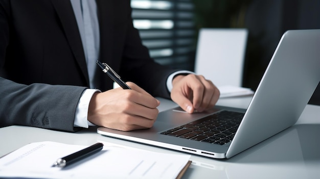 Businessman using a laptop analyses the business