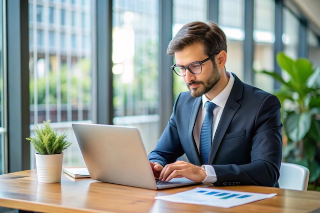 Photo businessman using laptop computer analyzing sales data and financial growth graph chart report