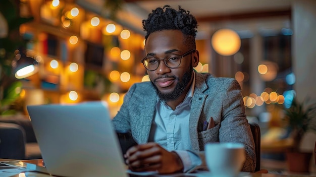 A businessman using a laptop and smartphone in an office