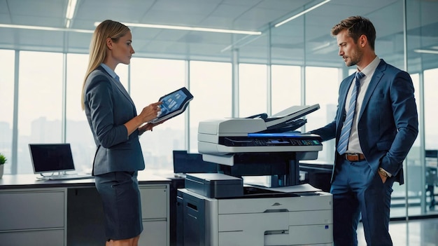 A businessman using a multifunctional office printer emphasizing modern corporate efficiency