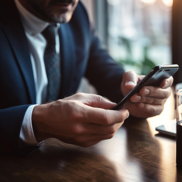 Businessman using online banking application on his mobile phone drinking coffee Generative AI