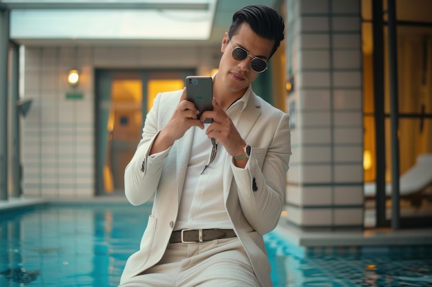 Photo businessman using smart phone businessman using phone by the swimming pool