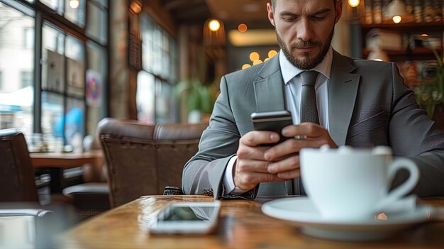 Businessman using smartphone at coffee bar