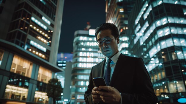 Businessman using smartphone at night Urban cityscape with glowing office buildings background