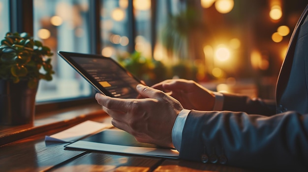 Businessman using tablet for analyzing financial data on office desk Sunrise business concept Ai generated