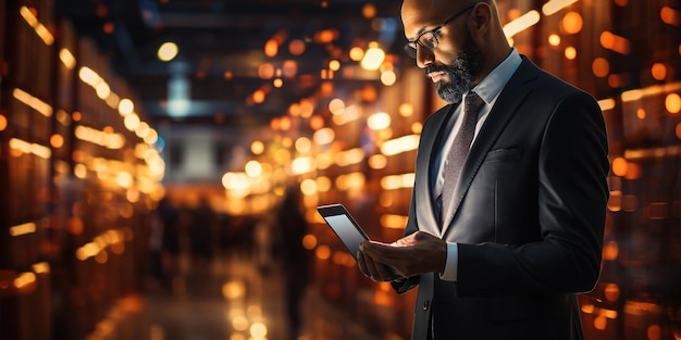 Businessman using tablet on logistic network distribution and smart transportation and networking