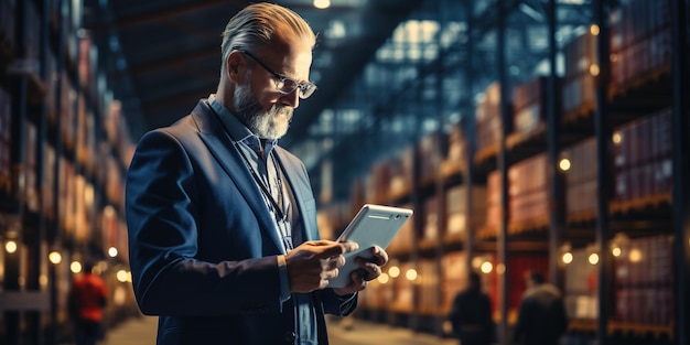 Businessman using tablet on logistic network distribution and smart transportation and networking