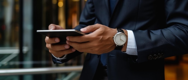 A businessman using a tablet in an urban setting reflecting modern connectivity