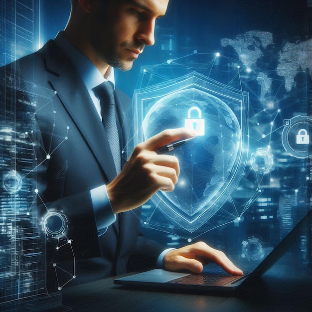 A businessman utilizing virtual cyber security technology and online data protection