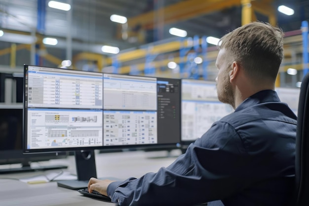 A businessman viewing a computer screen displaying logistics software