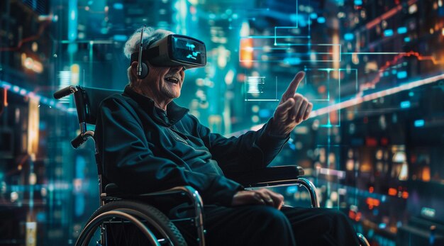 A Businessman in VR headset having briefing in a office