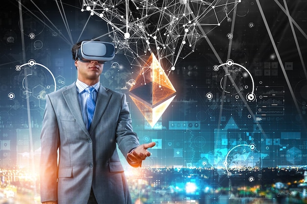 Businessman in VR headset and touch screen and ethereum symbol. Mixed media