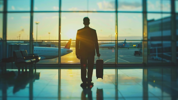 Businessman waiting at airport lounge for business trip or meeting modern business travel concept