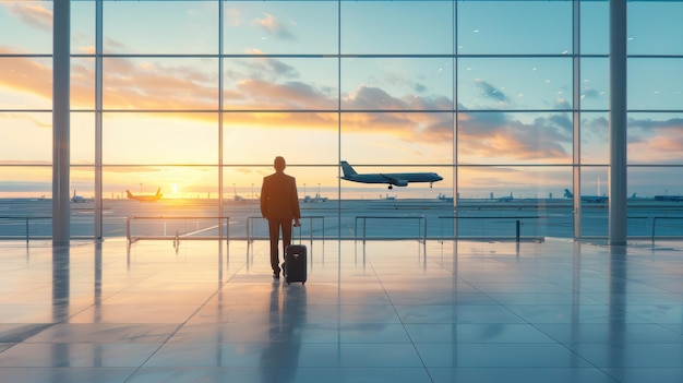 Businessman waiting for flight at airport terminal at sunset