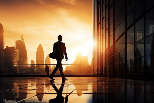 Businessman walking in the city at sunset 3D rendering A contemporary image of a business person silhouette AI Generated