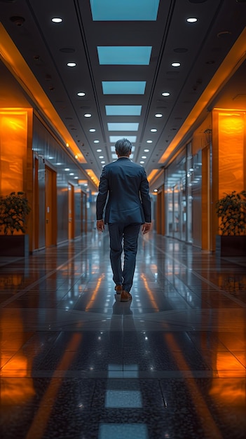 A businessman walking down a clean hallway of a downtown office