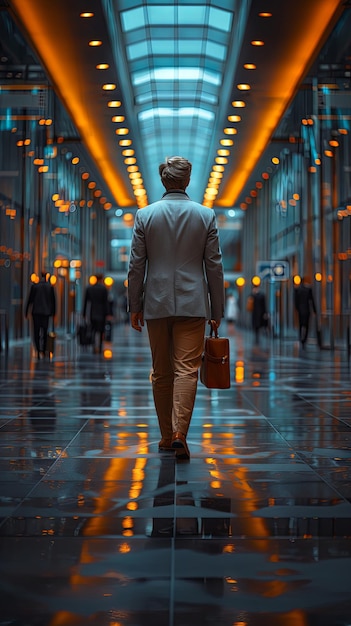 A businessman walking down a clean hallway of a downtown office