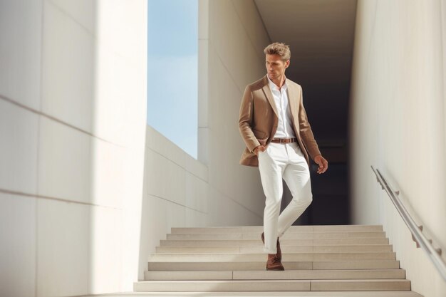 Photo businessman walking down the stairs