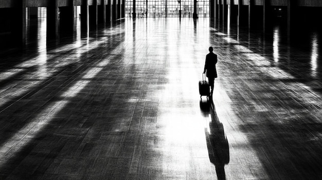 Businessman walking in empty airport terminal