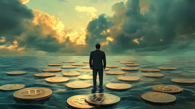 A Businessman Walking on a Path of Bitcoin Coins in the Sea