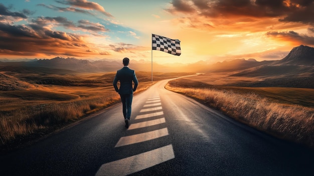 Businessman Walking on a Road Towards a Checkered Flag at Sunset Symbolizing the Journey to Success and Achievement