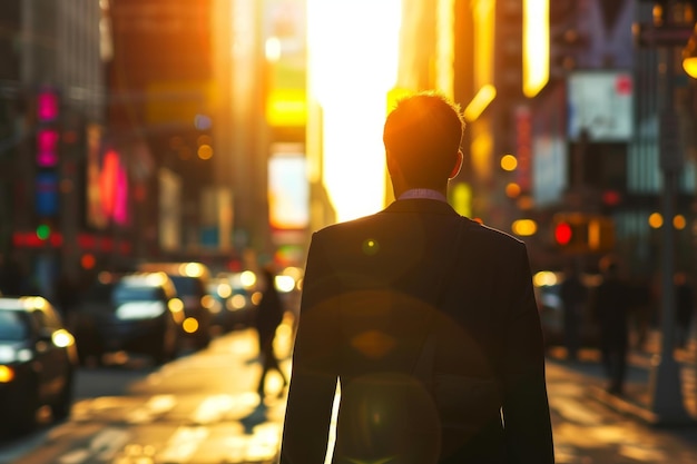 Businessman walking in sunrise cityscape