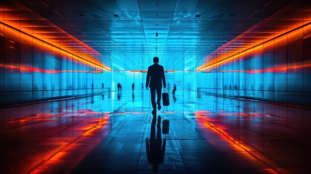 Businessman Walking Through NeonLit Corridor