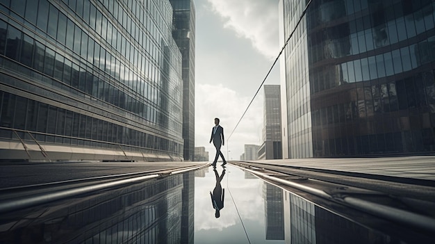 Businessman walking on tightrope between 2 business center buildings