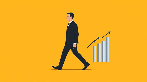 Photo businessman walking towards a growing bar chart