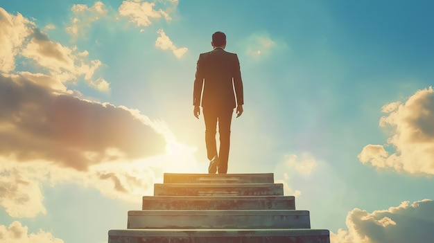 A businessman walking up a set of stairs against a blue sky with clouds and the sun shining