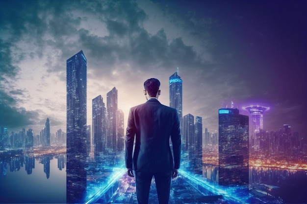 Businessman walking on virtual reality platform to futuristic smart city