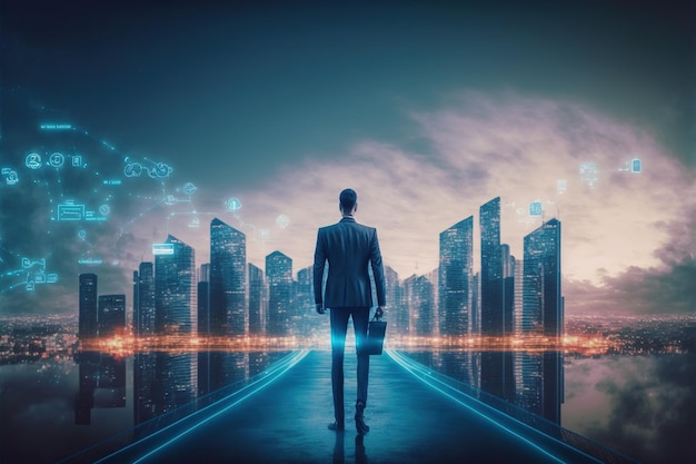 Businessman walking on virtual reality platform to futuristic smart city