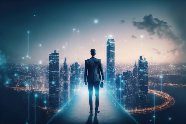 Businessman walking on virtual reality platform to futuristic smart city